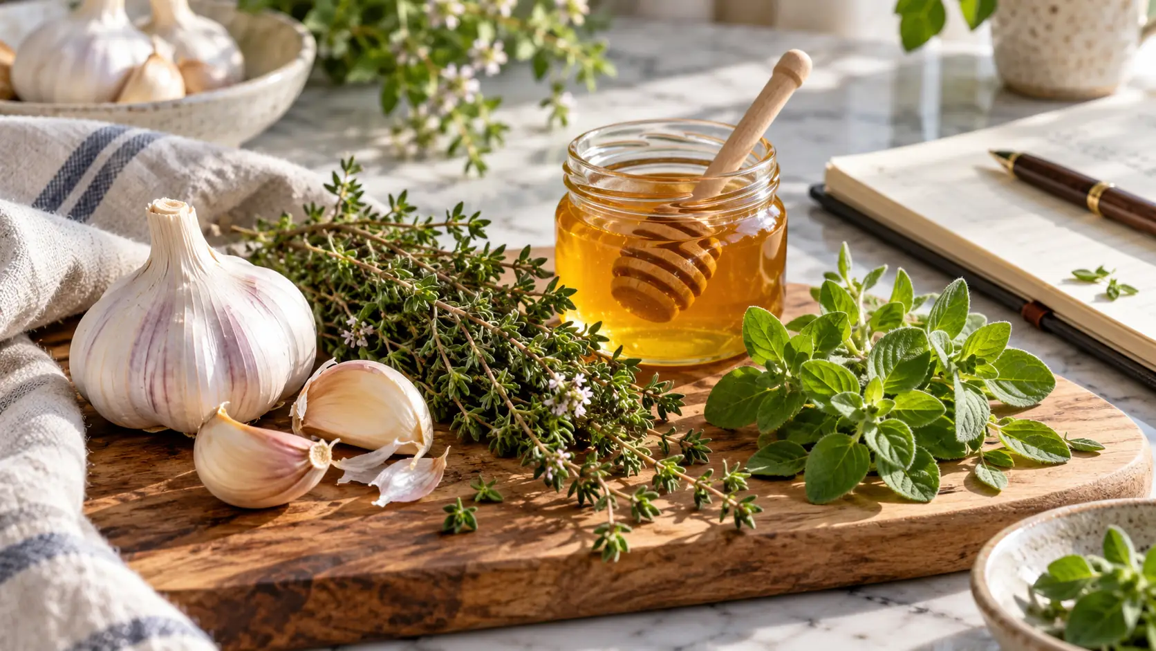 Garlic, thyme, honey and oregano arranged beside an evidence notebook, representing comparison of natural antimicrobials without ranking a universal strongest option.