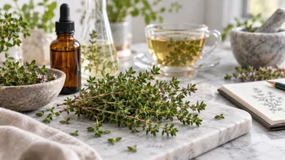 Fresh thyme sprigs beside a ceramic cup with subtle laboratory glassware in the background, representing traditional respiratory use and antimicrobial research.