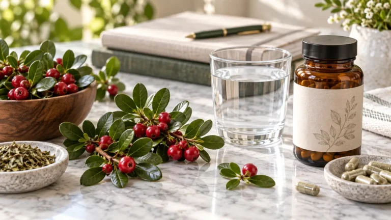 Bearberry leaves and red berries beside a glass of water with subtle urinary-health context, representing uva ursi evidence and safety limits.