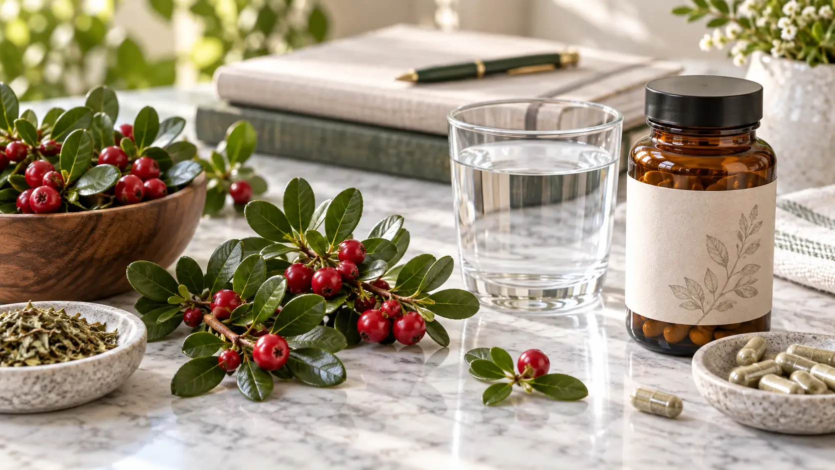 Bearberry leaves and red berries beside a glass of water with subtle urinary-health context, representing uva ursi evidence and safety limits.