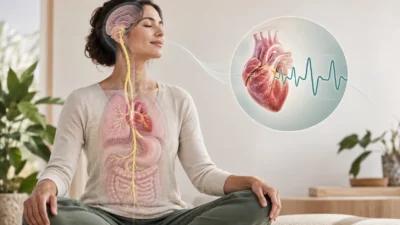 Evidence-aware illustration of the vagus nerve pathway and heart rhythm representing vagal tone and autonomic regulation.