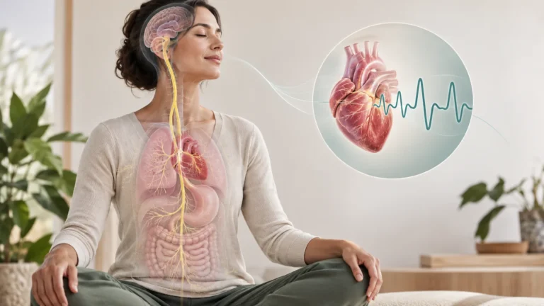 Evidence-aware illustration of the vagus nerve pathway and heart rhythm representing vagal tone and autonomic regulation.