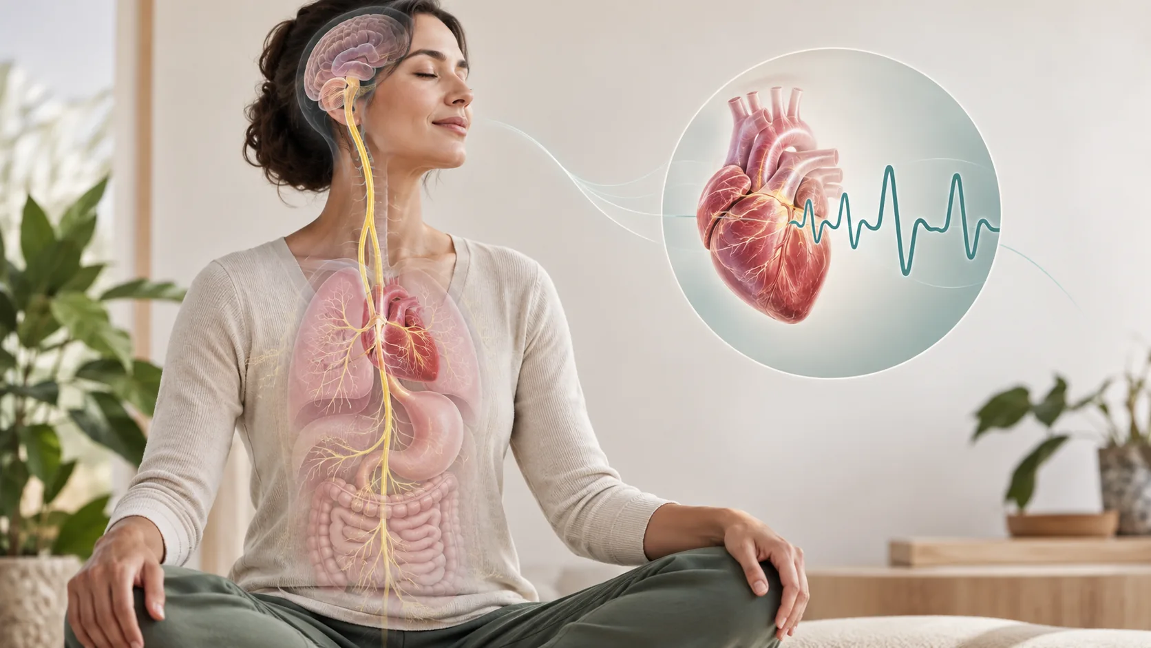Evidence-aware illustration of the vagus nerve pathway and heart rhythm representing vagal tone and autonomic regulation.