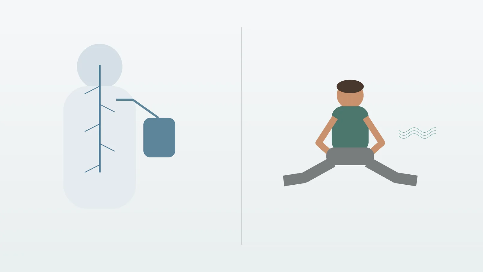 Side-by-side visual comparing clinical vagus nerve stimulation with a gentle self-guided breathing exercise.
