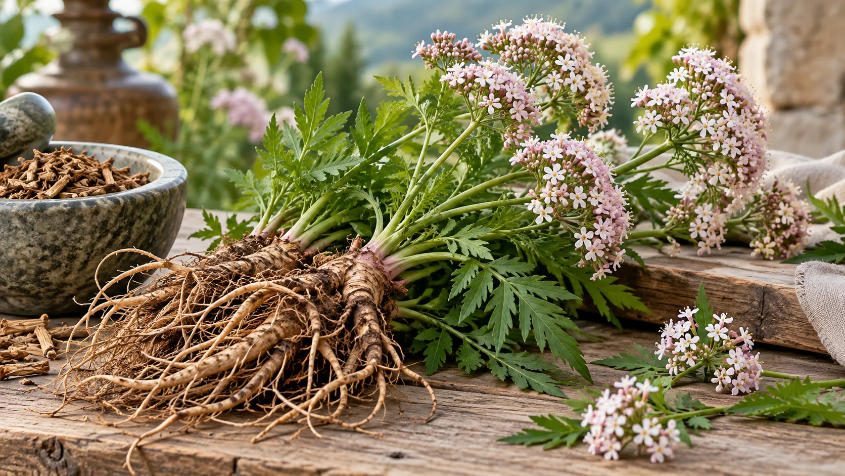 Valerian botanical material arranged in a natural apothecary setting