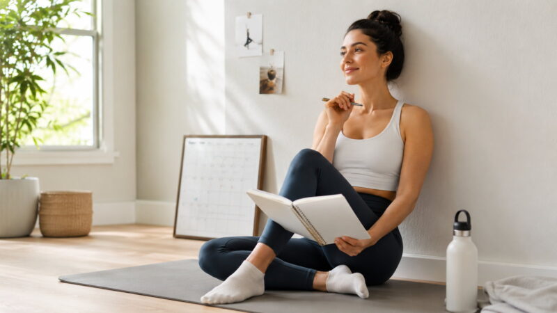 Woman practicing Wall Pilates beside a workout journal in a bright studio, representing realistic progress over time.