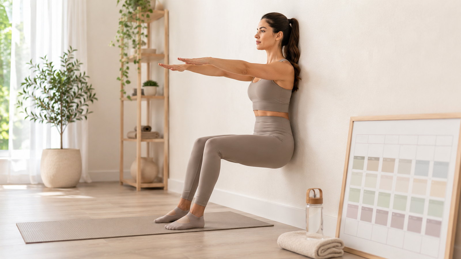 Beginner practicing a controlled Wall Pilates exercise against a wall in a bright home studio.