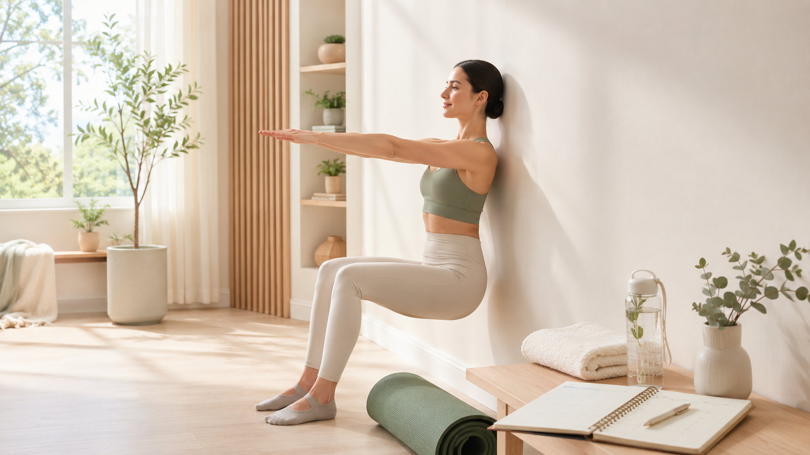 Woman practicing Wall Pilates in a bright studio with a weekly planner and recovery items nearby.