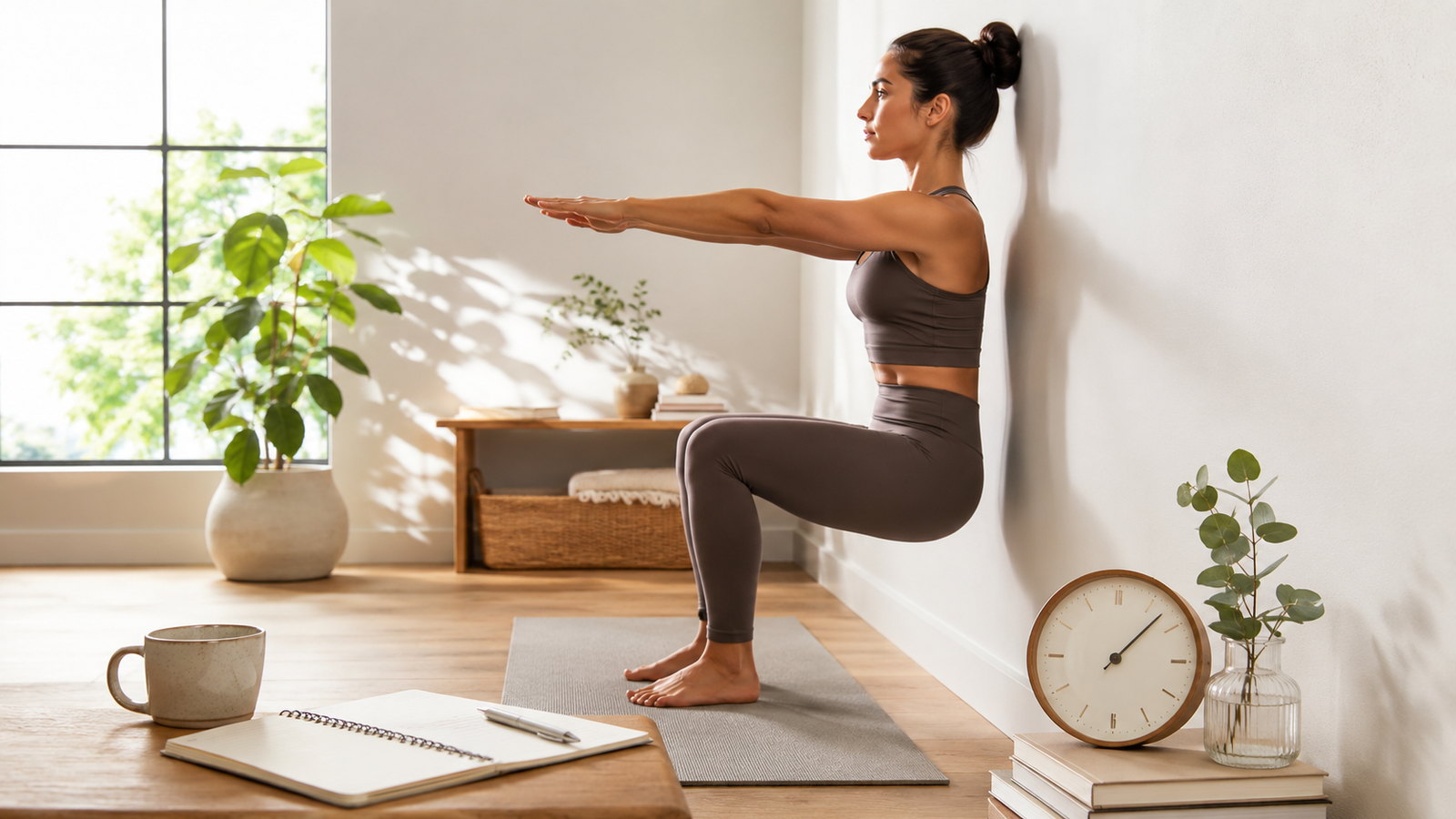 Woman practicing Wall Pilates beside a progress journal and subtle time cue in a bright studio.