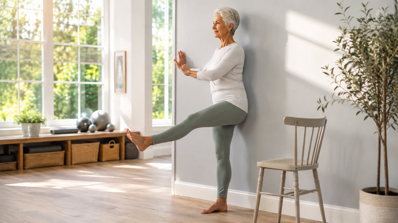 Active older woman performing a gentle Wall Pilates exercise with wall support and a sturdy chair nearby.
