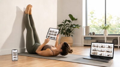 Woman doing a floor-based Wall Pilates exercise on a mat with her feet supported against a wall.