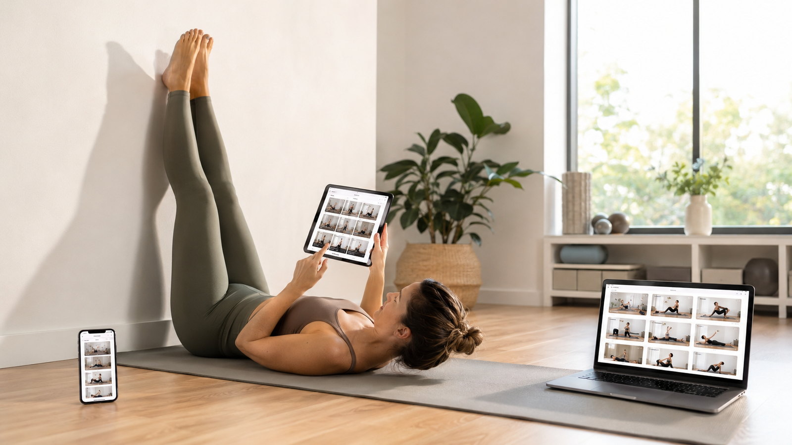 Woman doing a floor-based Wall Pilates exercise on a mat with her feet supported against a wall.