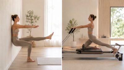 Woman shown doing Wall Pilates in a home studio and Reformer Pilates on a reformer for comparison.