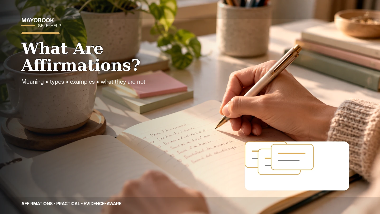 Person writing a realistic positive affirmation in a notebook at a desk