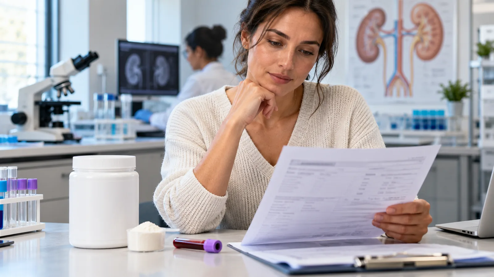 Creatine supplement beside blood test materials for women’s creatinine lab interpretation