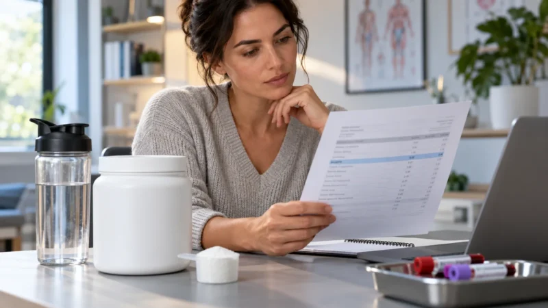 Woman reviewing eGFR blood test results while using creatine
