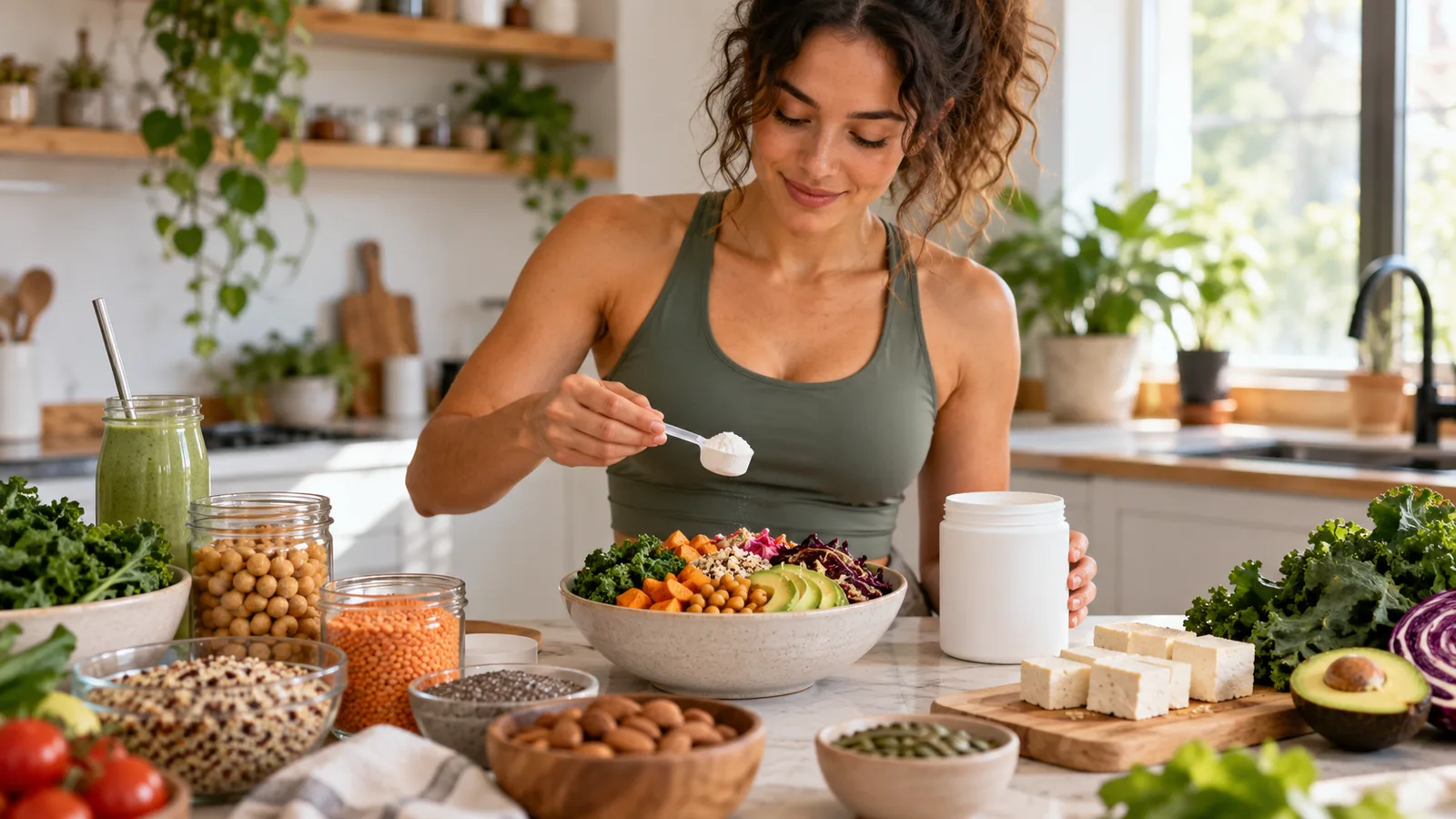 Vegan woman with plant-based foods and unbranded creatine powder