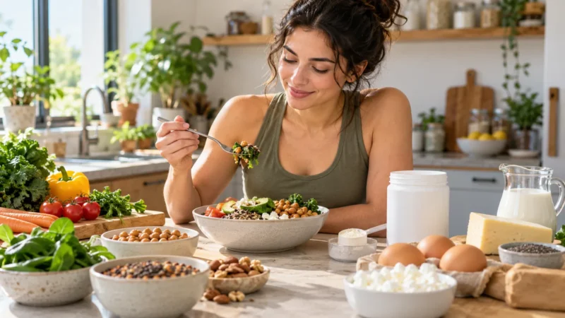 Vegetarian woman with mixed vegetarian foods and unbranded creatine powder