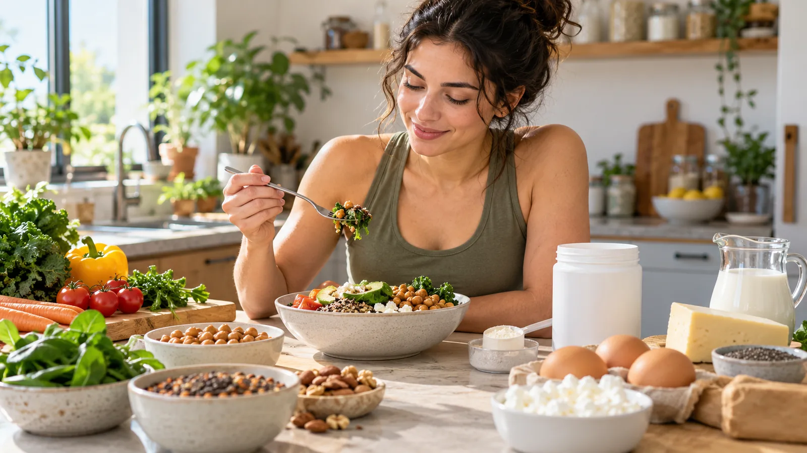 Vegetarian woman with mixed vegetarian foods and unbranded creatine powder